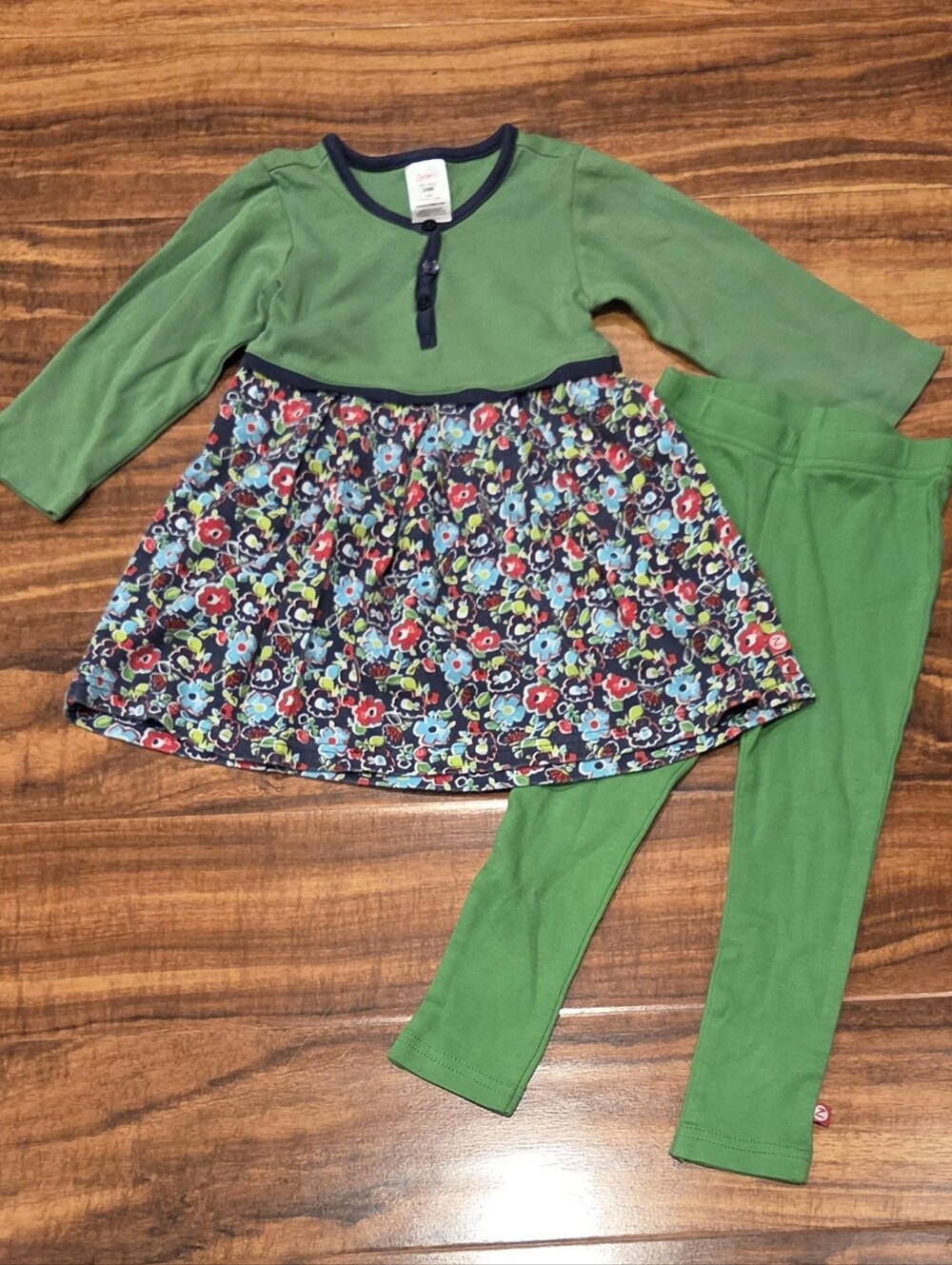 Zutano EUC 24 Months Green/Navy Floral Print Dress and Leggings Set
